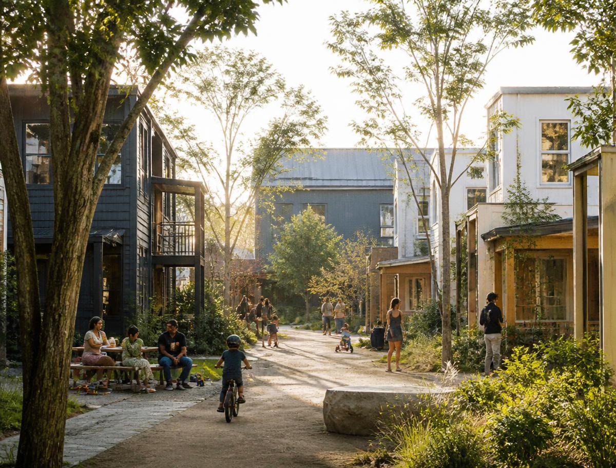 Family-oriented compact housing along a landscaped pedestrian lane