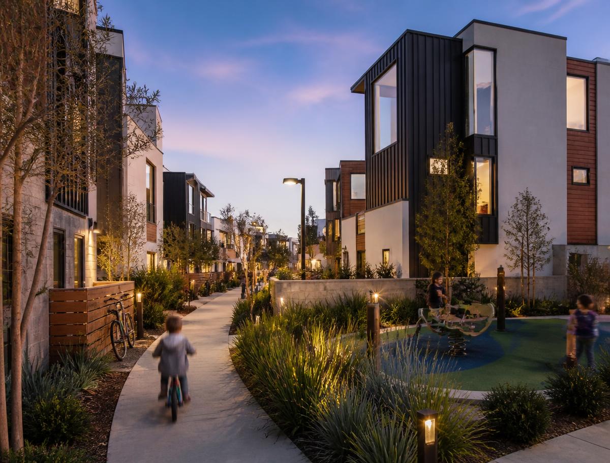 Landscaped contemporary townhome community with subtle family activity