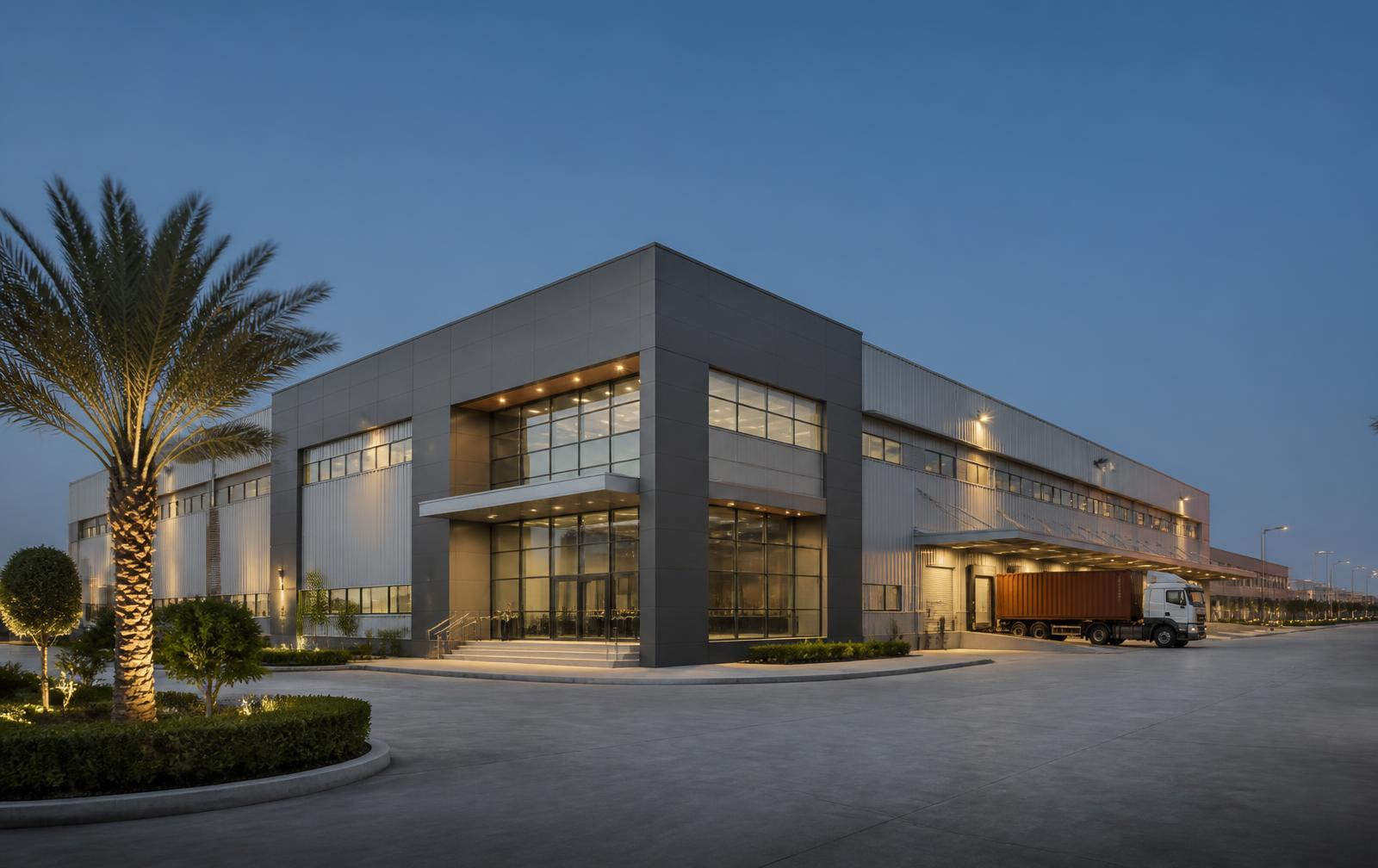 Modern landscaped logistics and manufacturing facility with truck access at blue hour