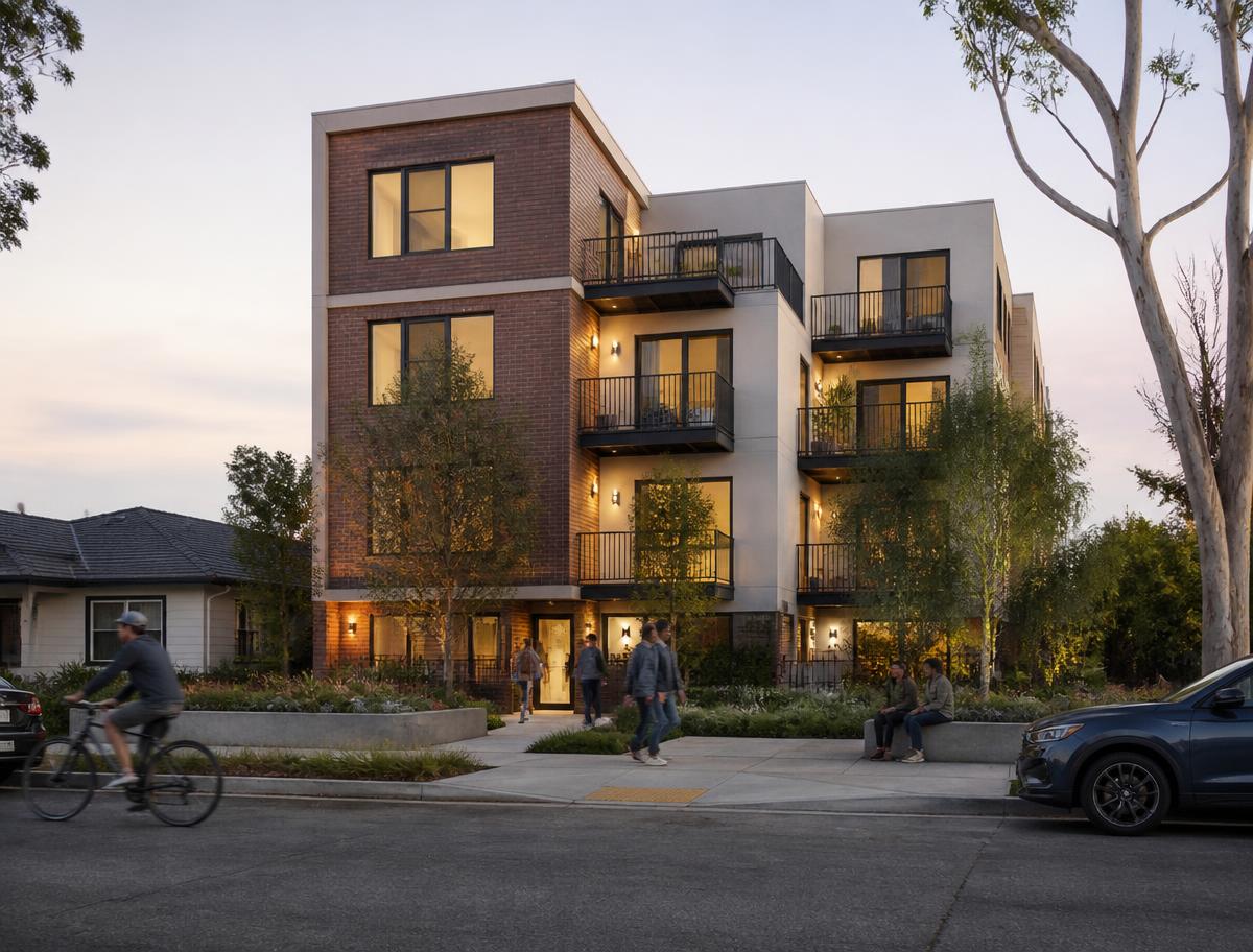 Small multifamily infill building on an active California neighborhood street