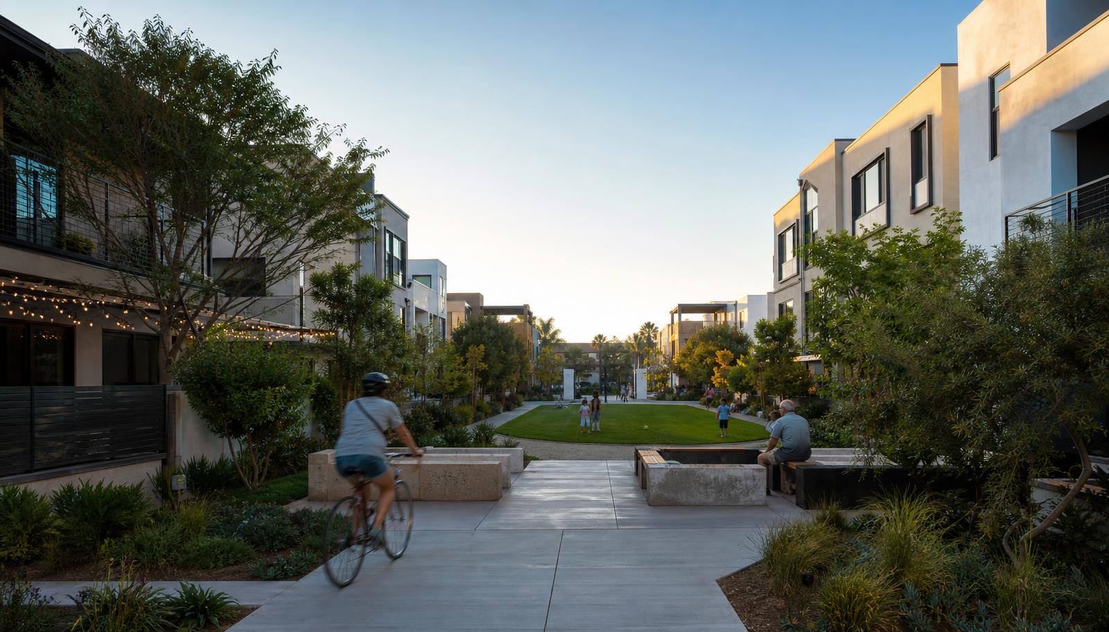 Landscaped contemporary courtyard community with residents walking and cycling