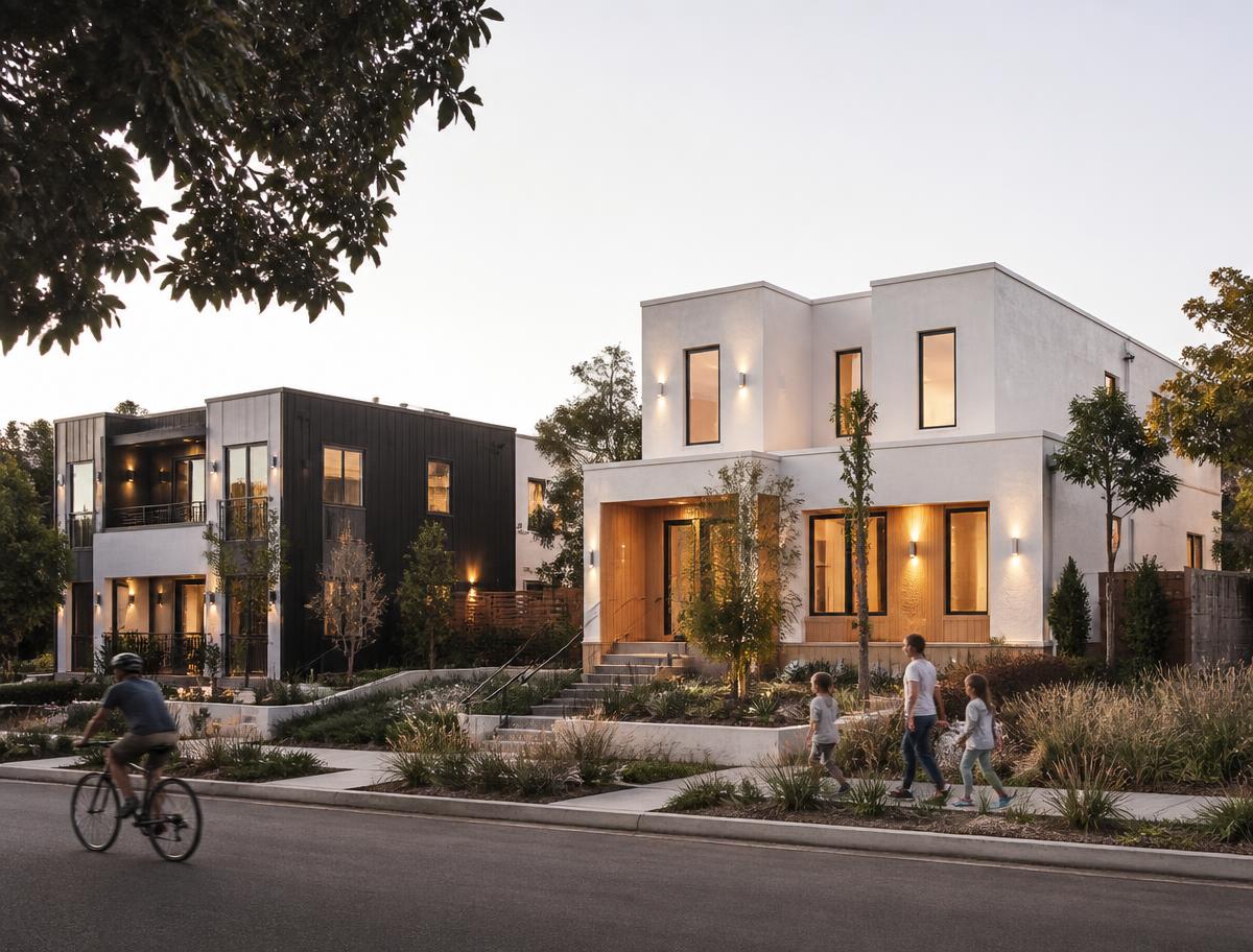 Contemporary small multiplex on a tree-lined California street