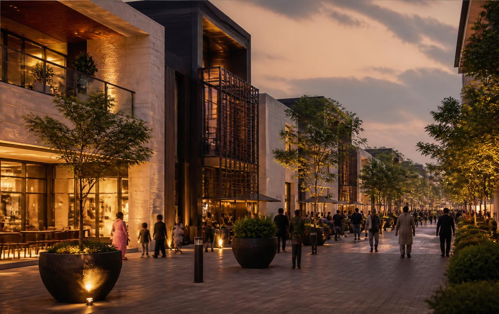 Contemporary landscaped retail street with cafes and pedestrians in a Pakistani urban setting at dusk