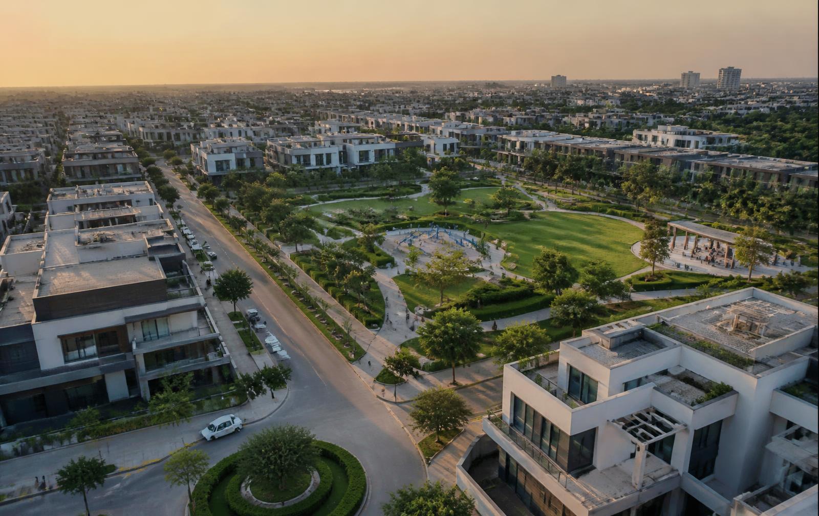 Aerial view of a contemporary Pakistani master-planned community centered on a landscaped park