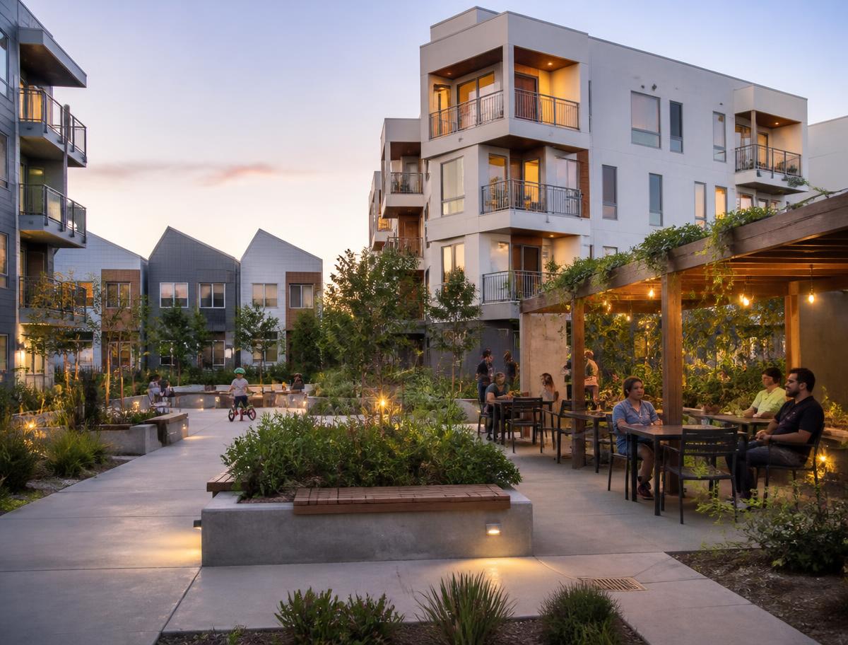 Contemporary mixed-income housing community centered on shared outdoor space
