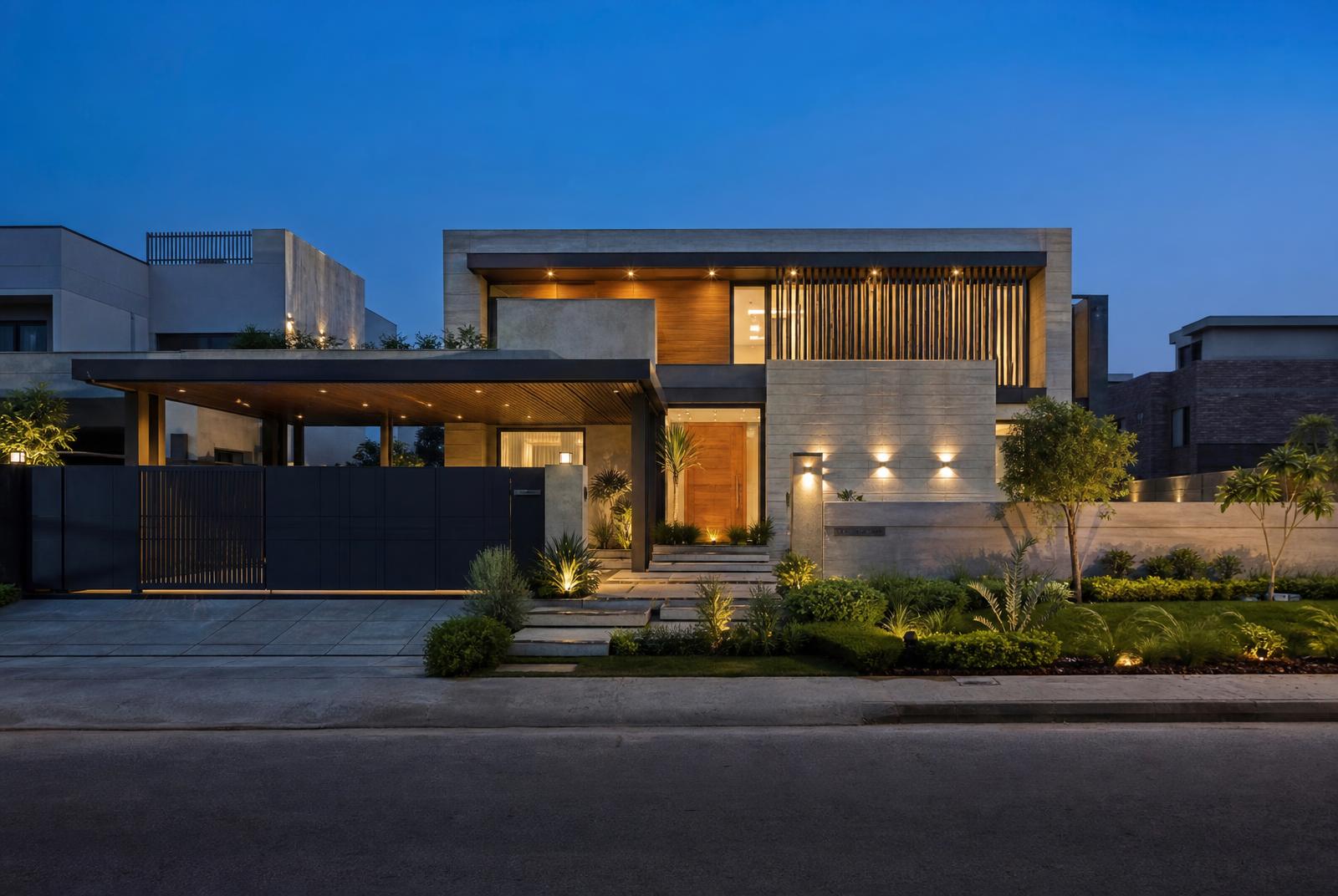 Contemporary Lahore-style private residence in stone, wood and glass at blue hour