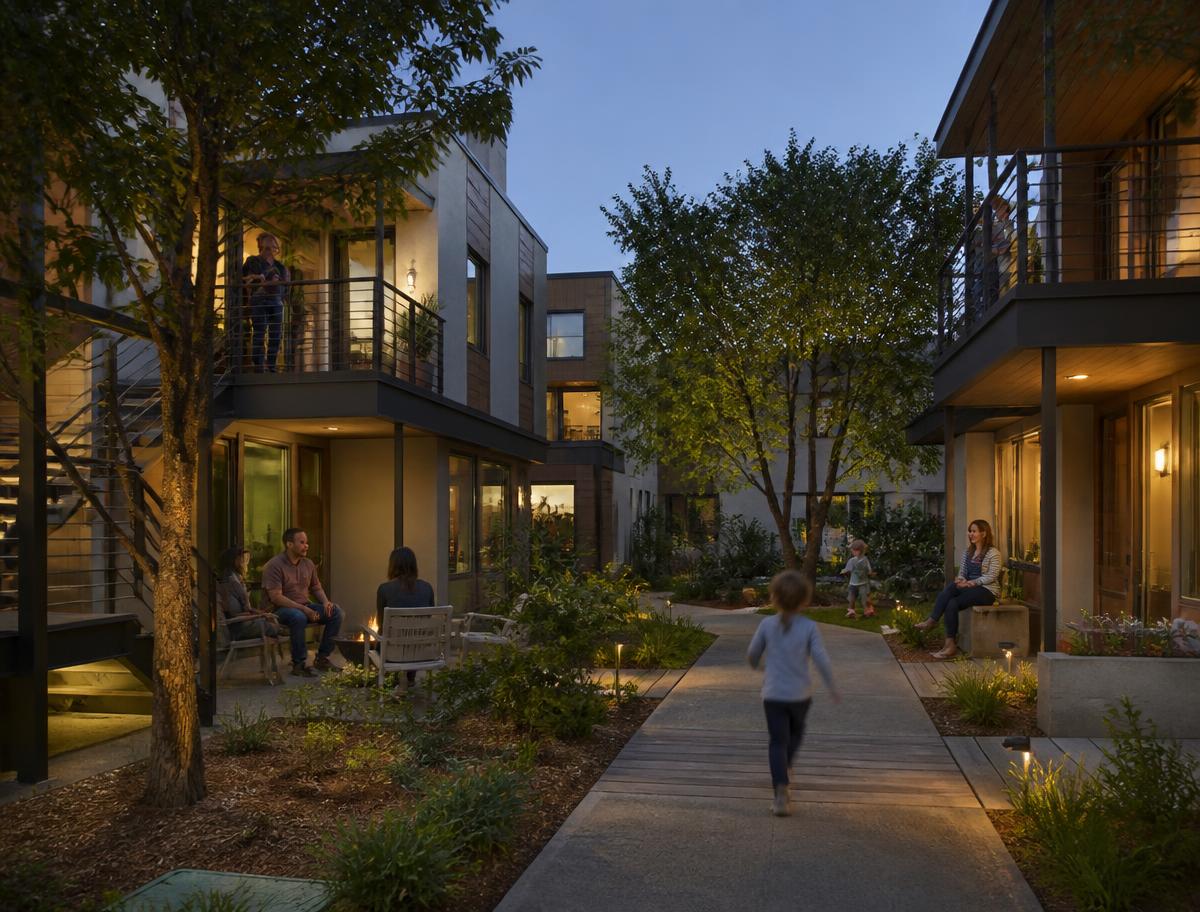 Contemporary California courtyard housing with residents and mature landscaping